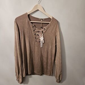 Gimmicks by BKE Lace-Up Tan Long Sleeve Blouse